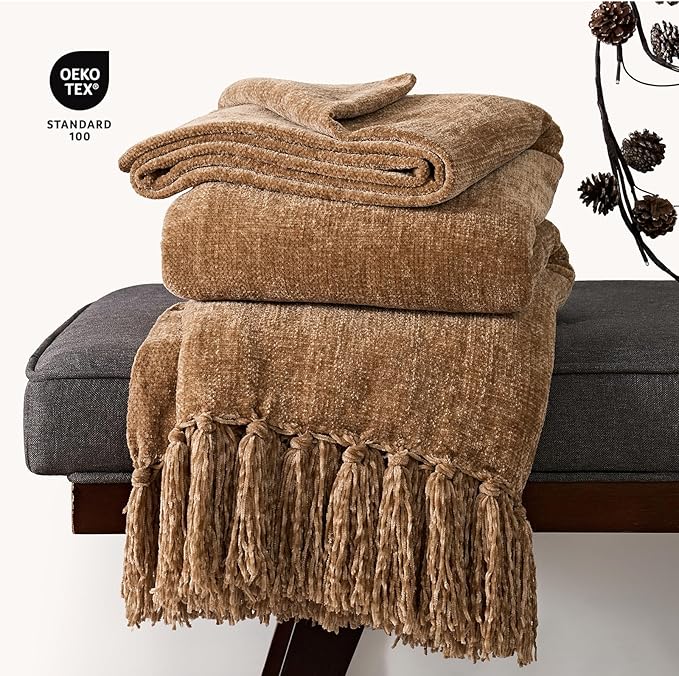 EVERGRACE Soft Chenille Throw Blanket for Couch, Cozy Plush Fuzzy Decorative Chenille Knit Throw Blanket with Tassels, Lightweight Blanket and Throws for Bed Sofa Gift Home Decor, Khaki 50"x60"