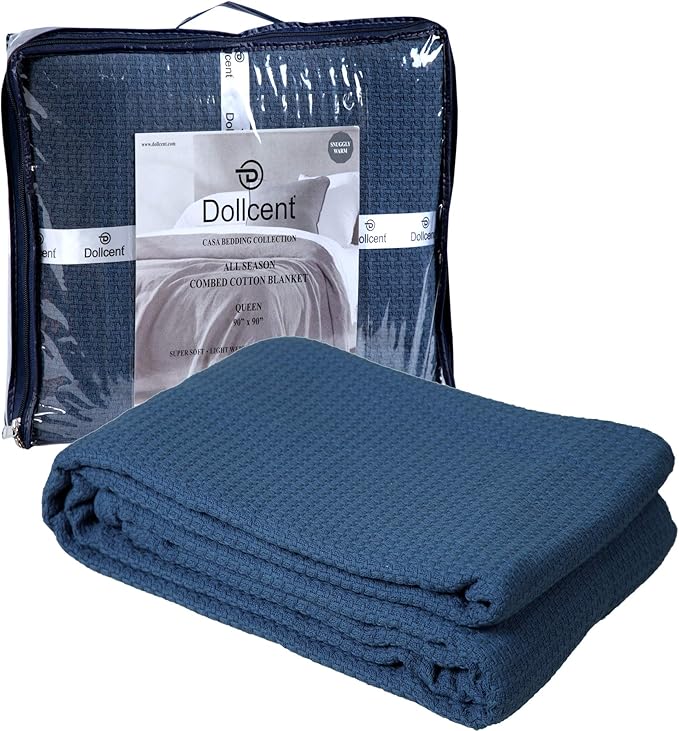 DOLLCENT 100% Cotton Twin Size Blanket for Bed, Premium Soft Combed Lightweight Blankets, Washed Breathable Cozy Bed Throw Blanket, Navy Twin Cotton Blankets for All Season: Navy (66"x90")