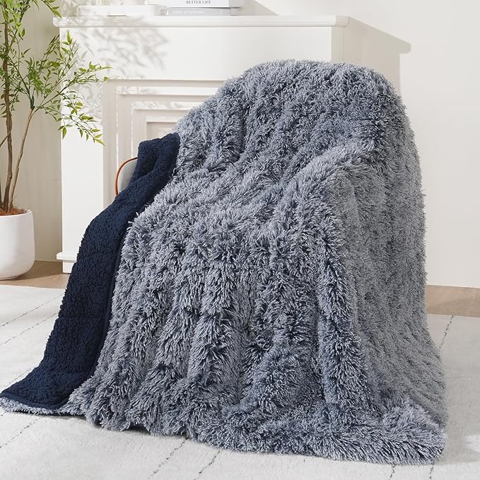 Wemore Shaggy Long Fur Faux Fur Weighted Blanket, Cozy and Plush Sherpa Long Hair Blanket for Adult 15lbs, Fluffy Fuzzy Sherpa Reverse Heavy Blanket for Bed, Couch, Backprint Navy Blue, 48 x 72 Inches