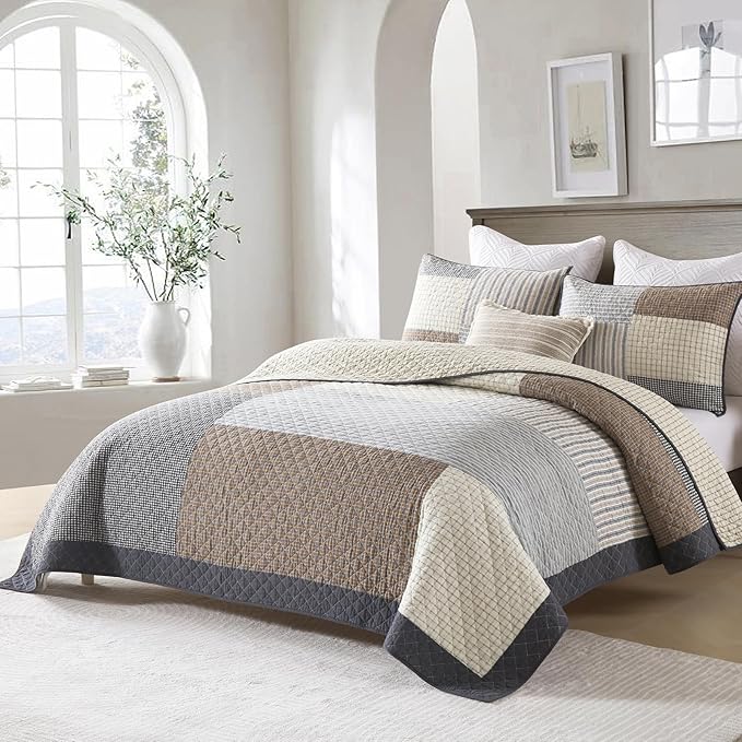 Real-Patchwork Plaid King Quilt - 100% Cotton Farmhouse Beige Brown Gray King Size Quilts Bedspread, Lightweight Reversible Quilted Coverlet Bedding Set for All Season, 3-Piece(98"x106")