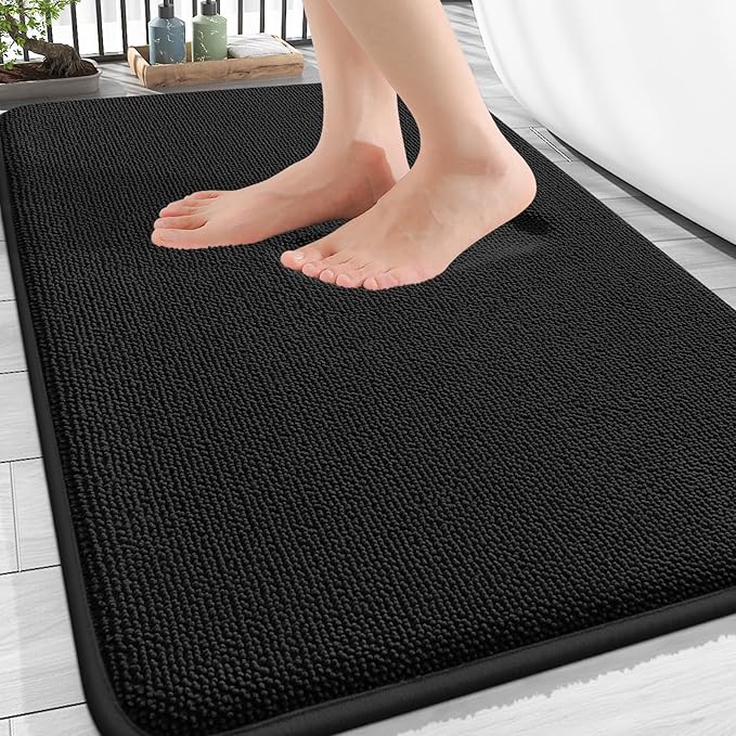 OLANLY Thick Memory Foam Bath Mat Rug 30x20, Extra Soft Absorbent Bathroom Rug, Quick Dry Bath Mats, Non-Slip, Machine Washable Carpet for Bathroom, Tub and Shower, Home Decor Accessories, Black