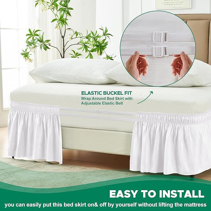 Biscaynebay Wrap Around Bed Skirts for Full & Full XL Beds 11" Short Drop, White Adjustable Elastic Dust Ruffles Easy Fit Wrinkle Resistant Silky Luxurious Fabric Machine Washable
