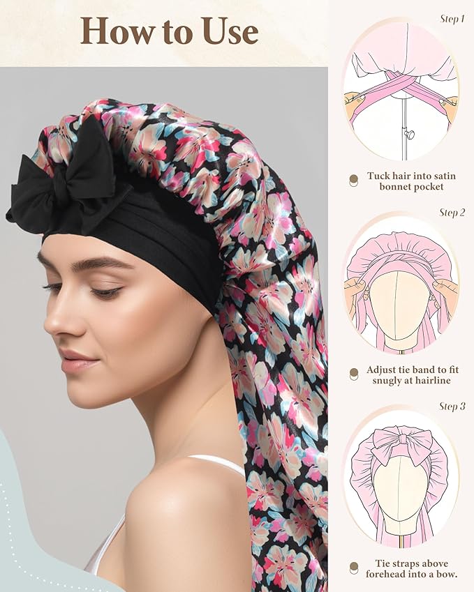 AWAYTR Long Satin Bonnet for Sleeping, Reversible Double Layer Hair Bonnet with Elastic Tie Band (Ink Floral Print+Black)