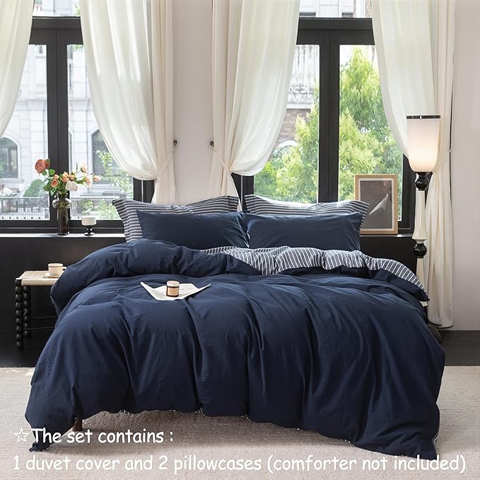 Reversible Duvet Cover Set 100% Washed Cotton Blue Stripe Linen Feel Duvet Cover Queen Size with Zipper Closure & 2 Pillow Shams,Navy/White Stripe Reverse Solid Navy