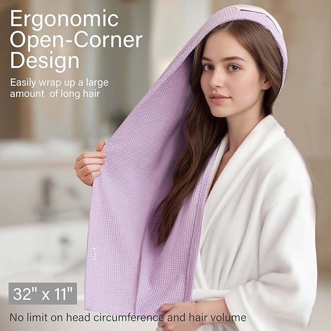 2 Pack Microfiber Hair Towel Wrap for Women, 32" x 11" Waffle Weave Hair Plopping Towel for Curly, Long & Thick Hair, Anti-Frizz Hair Turbans for Wet Hair (Lavender, Grey)