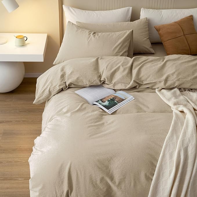JIYUAN 100% Washed Cotton Duvet Cover Set 3 Pieces Queen, 1 Duvet Cover 90x90 Inches(Comforter Not Included) and 2 Pillowcases,Linen Feel Bedding Set Comfy and Breathable, Heathered Tan