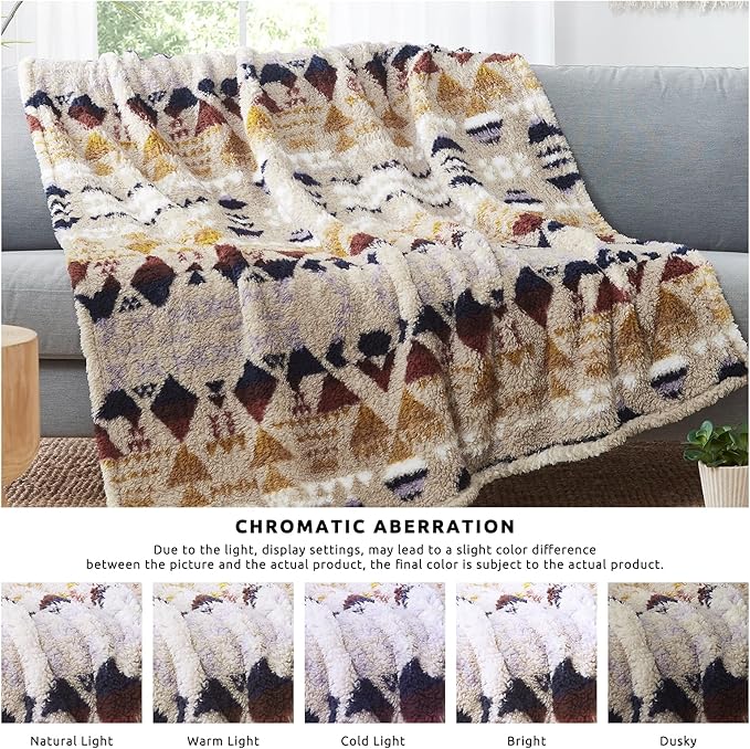 CASAAGUSTO Boho Sherpa Throw Blanket, Aztec King Size Blanket, Ultra Soft, Warm, Cozy, Plush, Thick Fleece Bohemian Throw Blanket for Couch, Bed, Sofa (Khaki 108 * 90 Inch)