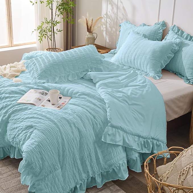 JOLLYVOGUE Blue Twin Size Comforter Set, 2 Pieces Seersucker Lightweight Fluffy Bedding Set, Twin Ruffle Comforter, All Season Soft Microfiber Shabby Chic Bed Set