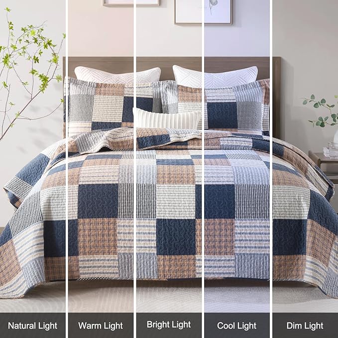 Uniclinens Plaid Quilt Set King Size, 100% Cotton Patchwork Plaid Quilt Bedding Set Bedspreads, Farmhouse Lightweight Comforter Quilted Quilt, 3 Pieces Set with 2 Pillowshams, Navy/Brown/White