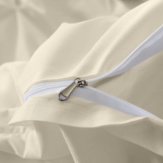 Pinch Pleated Duvet Cover Set 100% Cotton 3PC Super King Plus Size 120x120 Duvet Cover Set, Decorative Pinch Design Ivory Duvet Cover with Matching Pillow Case