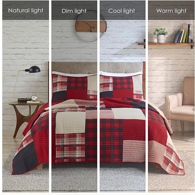 Woolrich Sunset Reversible Quilt Set - Cottage Styling Reversed to Solid Color, All Season Lightweight Coverlet, Cozy Bedding Layer, Matching Shams, Oversized King/Cal King, Plaid Red 3 Piece