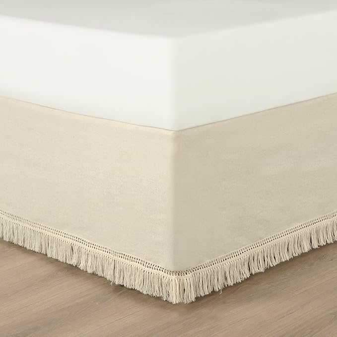 Lush Decor Boho Fringe 15-Inch Tailored Drop Easy Fit Bedskirt, Queen, Neutral