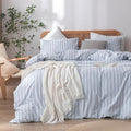 BESTOUCH Duvet Cover Set 100% Washed Cotton Linen Feel Super Soft Comfortable Chic Lightweight 3 PCs Home Bedding Set Cornflower Blue & White Stripes King