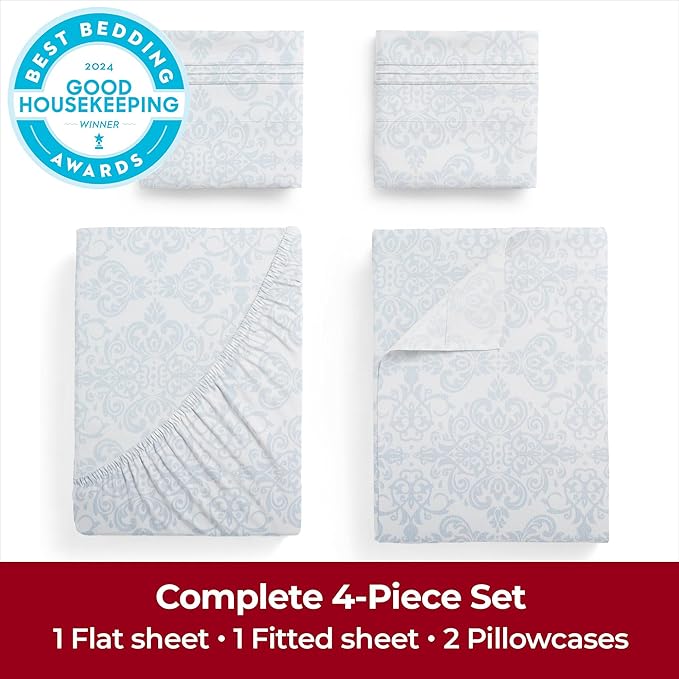 Mellanni California King Sheets Set - 4 PC Iconic Collection Bedding - Hotel Luxury, Extra Soft, Cooling Bed Sheets - Wrinkle, Fade, Stain Resistant (Cal King, Laced Sky Blue)