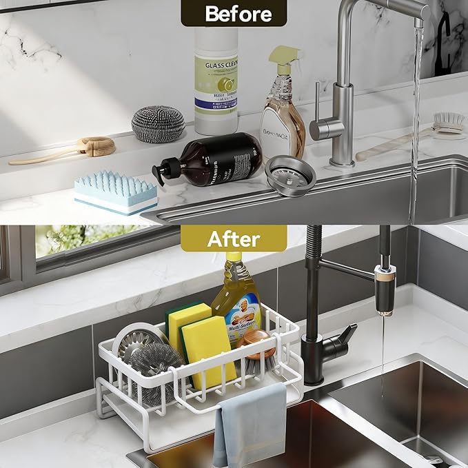 Sponge Holder for Kitchen, Sink Caddy Organizer Rack for Kitchen Accessories, Soap Dispenser Countertop Organizer Essentials for Home (White)