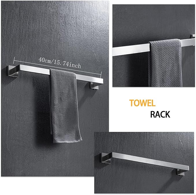 4-Piece Bathroom Hardware Set, Towel Rack Towel Bar Towel Holder Toilet Paper Holder Towel Hooks Modern Square Premium Stainless Steel Brushed Nickel Wall Mounted Bathroom Accessories Set (16inch)