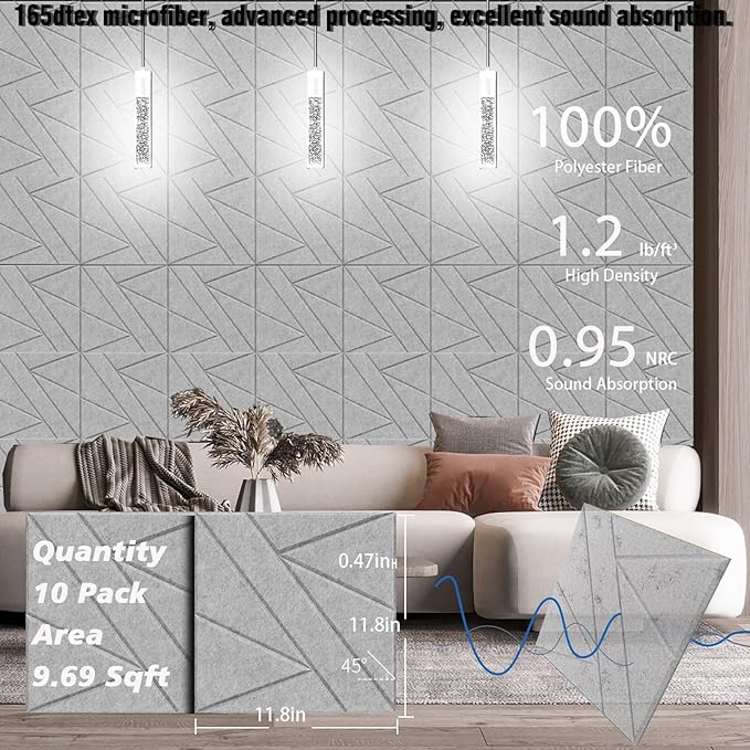 【10 Pack】 Acoustic Panels Self-Adhesive (0.4" Thick | 0.8lb/ft³ Medium Density) - 12x12 Soundproof Foam Tiles for Home Office/Wall Sound Absorption, Noise Reduction Panels Studio Use - Gray