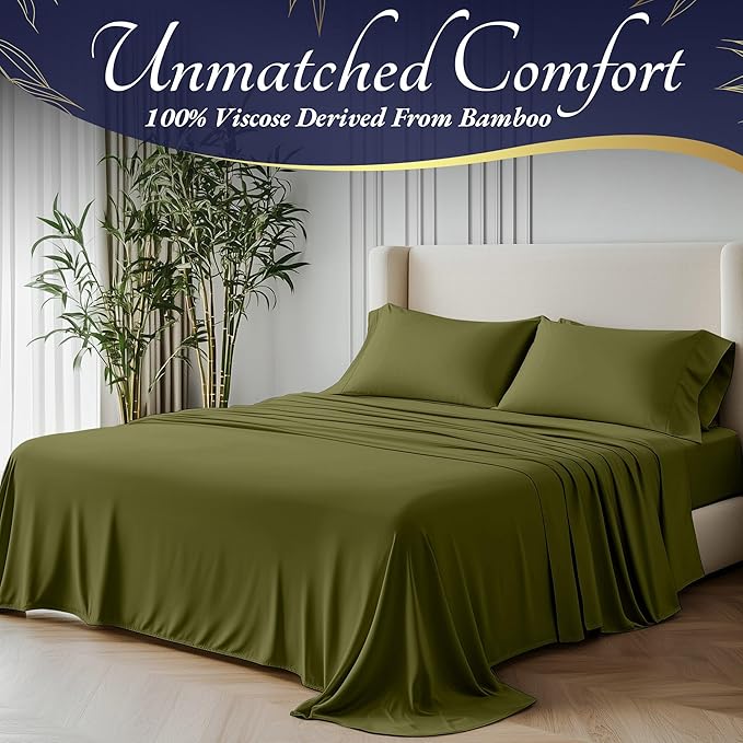 DECOLURE 100% Viscose Derived from Bamboo Sheets Full Size 4pcs - Ultra Soft & Luxuriously Cooling, 17" Deep Pocket, Double Stitching, Perfect for Hot Sleepers - Full Bed Sheets (Light Olive)