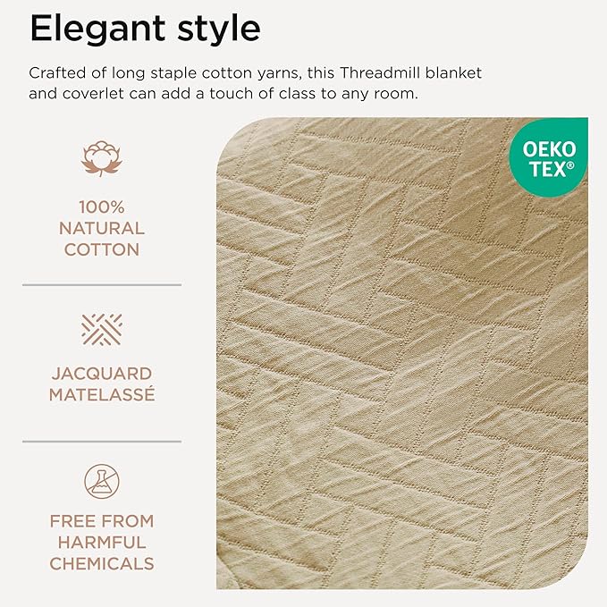 Threadmill Luxury Cotton Blankets for Queen Size Bed | All-Season 100% Cotton Queen Size Blanket | Criss Cross Jacquard Cozy Lightweight, Soft Breathable Coverlet fits Full Size Bed, 90x92 | Beige