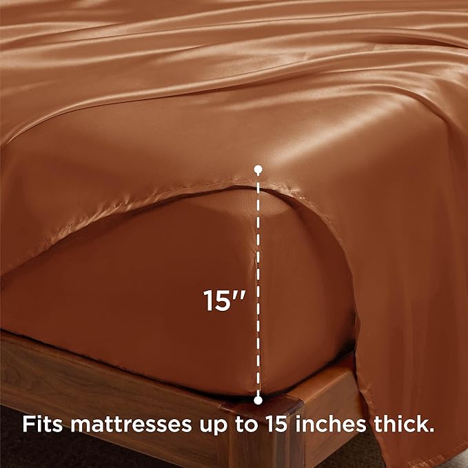 Bedsure Satin Sheets Full Size - 4 Piece Silky Bedsheets with 15 Inches Deep Pocket Fitted Bedsheet,1 Flat Sheet, 2 Satin Pillowcases, Good for Hair & Skin (Full, Burnt Orange)