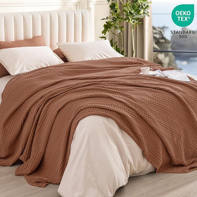 PHF Cooling Waffle Blanket King Size, Lightweight 60% Rayon Derived from Bamboo & 40% Cotton Breathable Blanket for Hot Sleepers, Soft and Luxury for Bed Couch and Sofa, 104"x90", Burnt Umber