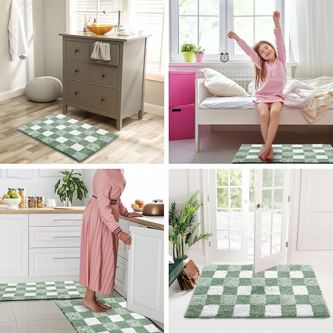 CozeCube Bath mats for Bathroom Non Slip, Fluffy Absorbent Microfiber Bath mat Washable, Aesthetic Bathroom Rugs, Cute Sage Green Checkered Bath mat, Sage Green, 32" x 20"