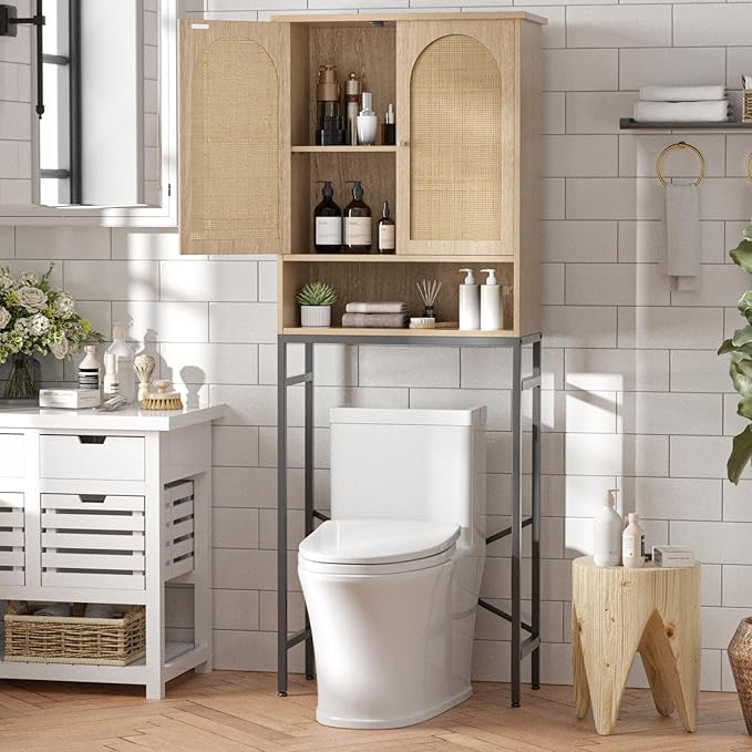 Rattan Toilet Storage Cabinet, Over The Rack Wood Cabinet with Metal Stand, Bathroom Organizer with Adjustable Shelf, Tall Freestanding Washer Shelf, Small Cupboard, Natural