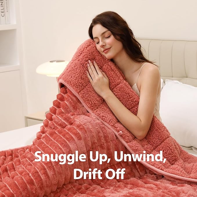 Sherpa Fleece Weighted Blanket with 3D Ribbed Stripes, 15 lbs Soft Flannel Heavy Throw Blanket for Couch Bed Sofa, Heavy Thick Blankets with Ceramic Beads, Great for Sleep, 48" x 72"