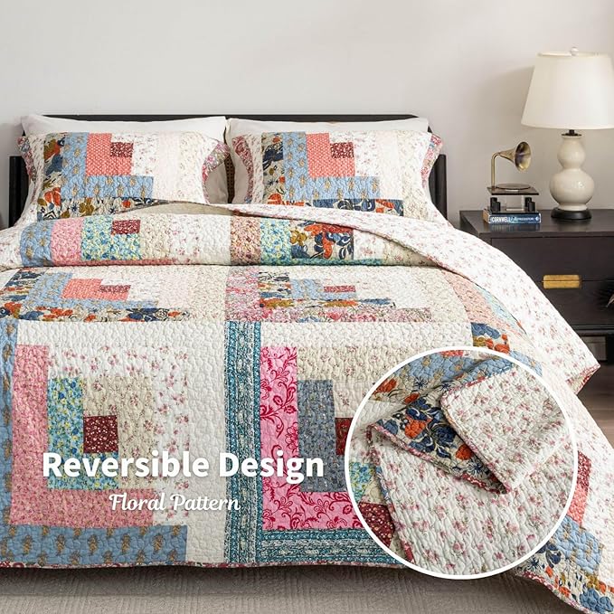 meadow park Cotton Real Patchwork Quilt Set 3-Piece. 100% Washed Cotton. 208 Hand Cut Patches. Allover Quilting. Reversible Coverlet Set. (Queen)