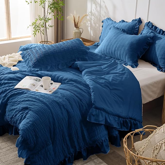 JOLLYVOGUE Teal Queen Comforter Set, 3 Pieces Seersucker Comforters Queen Size, Lightweight & Fluffy Bedding Sets Queen for All Season with 1 Ruffle Comforter and 2 Ruffle Pillowshams
