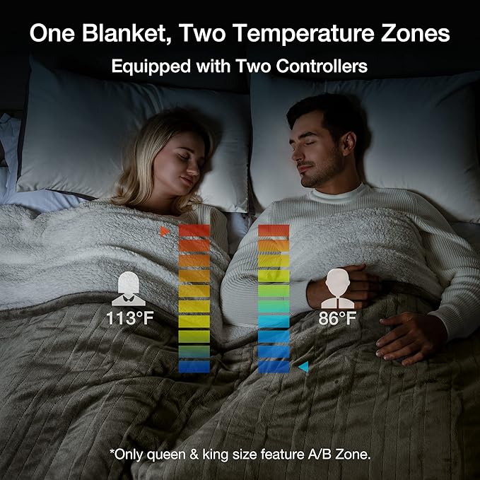 WOOMER Heated Blanket King Size,Durable Flannel and Soft Sherpa,Dual Control,84” × 90” Electric Blanket, 10 Heat Levels&0.5-12h auto-Off, Overheat Protection,Energy Efficient