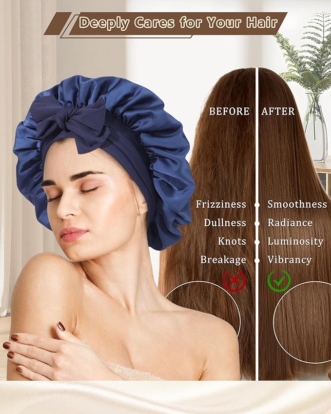 AWAYTR Women Satin Bonnet for Sleeping - Double Layer Silk Hair Bonnet with Elastic Tie Band for Braids Curly Hair
