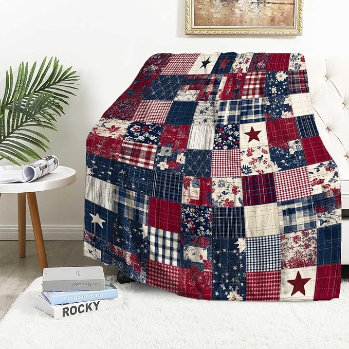 Printed Patchwork Country Blanket Throw for Women and Men, Farmhouse Vintage Blanket Gift, Lightweight Fleece Americana Rustic Home Decor, 40"×50"