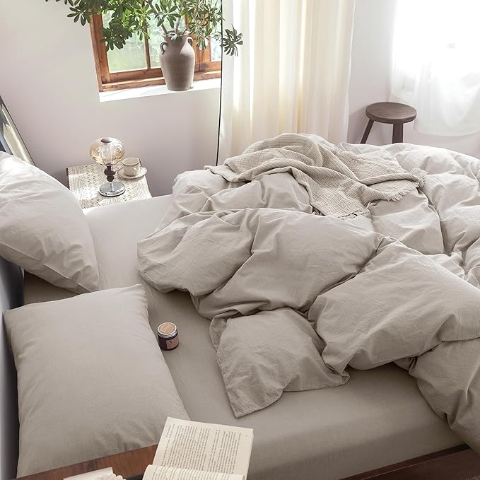 FOSSA Duvet Cover Set 100% Washed Cotton Linen Feel Super Soft Breathable Cozy 3 Pieces Bedding Sets Solid Cream Grey Super King Plus