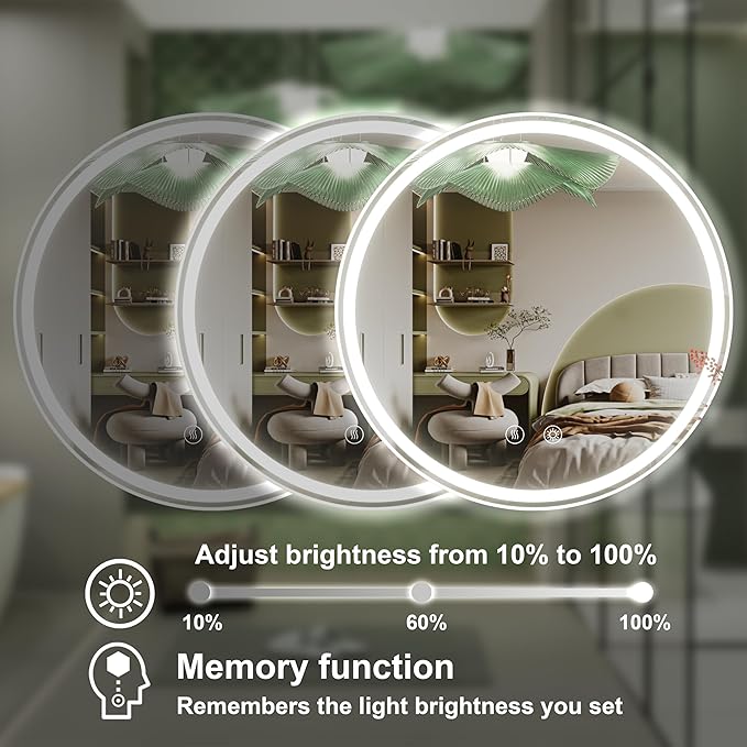 20 Inch Round LED Bathroom Mirror,Front & Backlit Lighted Bathroom Vanity Mirror, 6000K, CRI 90+, Dimmable, Touch, Anti-Fog