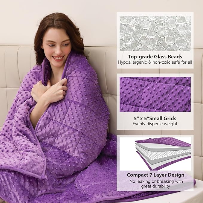 Minky Dot Weighted Blanket for Adults Twin Size 15 lbs, Warm Sherpa Snuggle Heavy Blanket for Autumn Winter with Glass Beads, Great for Stress Relief and Sleep Promotion, Purple 48 x 72 inches