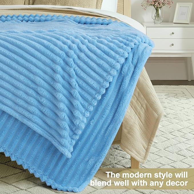 decorUhome Christmas Soft Fleece Blue Twin Blanket for Bed, Cozy Fluffy Plush Flannel Striped Throws for Couch Sofa, Lightweight Decorative Ribbed Fuzzy Blanket for Woman, 60x80 Inches