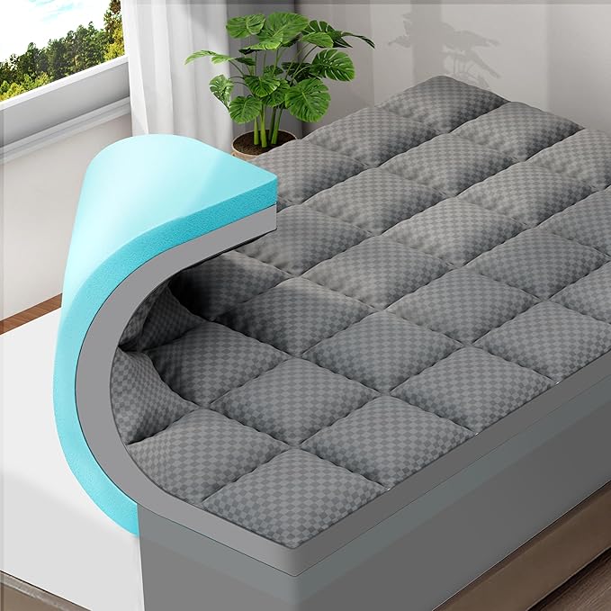 OLANLY Dual-Layer 4 Inch Twin XL Size Memory Foam Mattress Topper for College Dorm Room Essentials, 2 Inch Gel Memory Foam Topper, 2 Inch Cooling Pillow Top Mattress Pad Cover, Gray