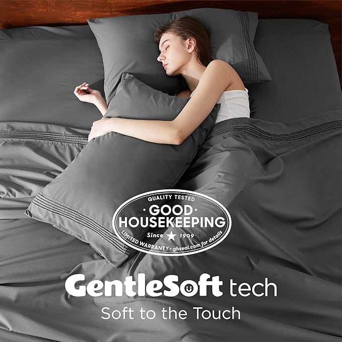 Bedsure Deep Pocket Queen Sheets Set - Fits Mattresses Up to 21 Inches Thick - 4 Piece GentleSoft Bed Sheets, Moisture Wicking, Soft & Cooling Bedsheet & Pillowcases, Easy & Secure Fit, Dark Grey