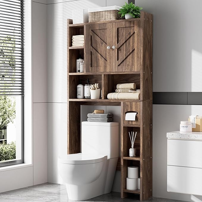 Meilocar Over The Toilet Storage Cabinet, Bathroom Over Toilet Storage Cabinet, Bathroom Storages Organizer Cabinets with Toilet Paper Holder and Adjustable Shelf, Walnut