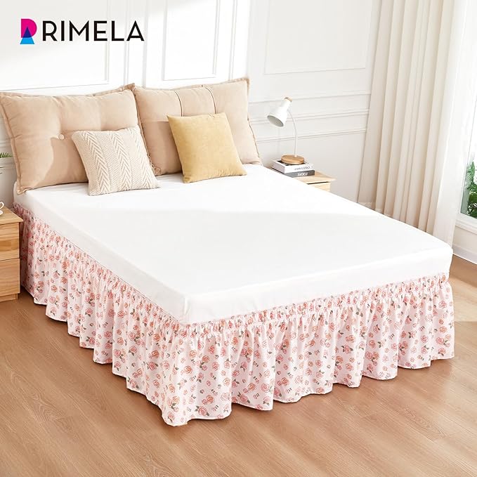 RIMELA Pink Rose Floral Bed Skirt Queen Size 15 Inch Drop, Elastic Bed Skirting for Bed Frame, Bedding Dust Ruffle Easy to Install, Lightweight Wrap Around Adjustable Bedskirt