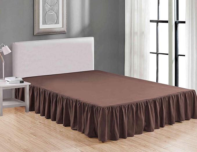 Sheets & Beyond Wrap Around Solid Microfiber Luxury Hotel Quality Fabric Bedroom Gathered Ruffled Bedding Bed Skirt 14 Inch Drop (King, Brown)