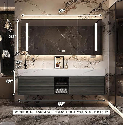 56IN Bathroom Vanity with Double Sink, Modern Bathroom Vanity with LED Smart Defog Mirror Cabinet & Integrated Ceramic Sink, Floating Vanities with Drawers and Glass Cabinet Door (Grey Wood)