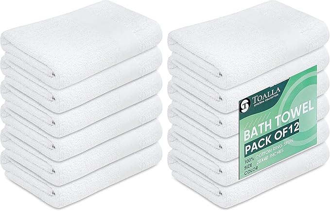 (Pack of 12 White Bath Towels Bulk 20x40 Inches -100% Cotton Economy Cheap Bath Towels for Commercial Uses, Gym, Salon, Spa & Hair -Lightweight Bath Towels Quick Drying -Bath Towels Sets Bulk