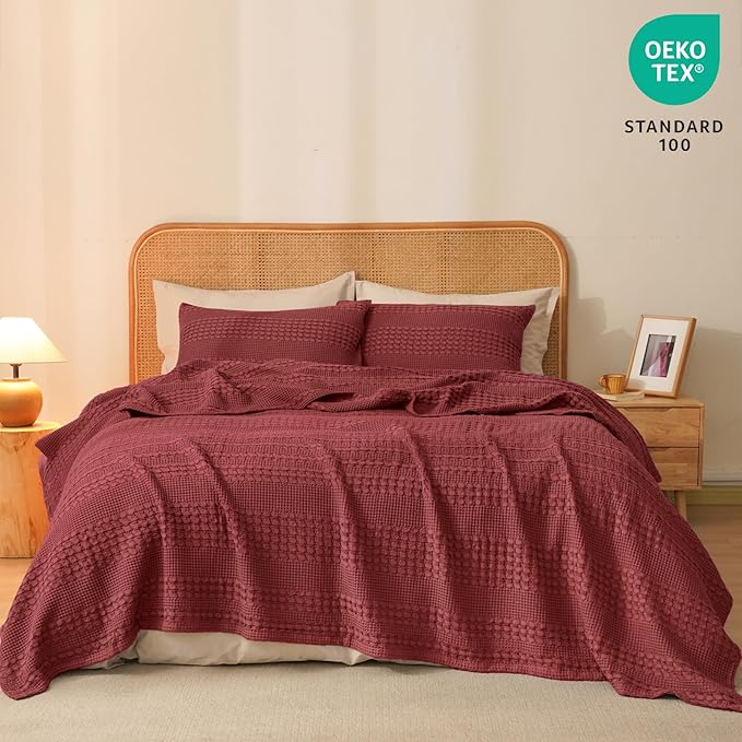 PHF 100% Cotton Waffle Weave Blanket Twin Size for Bed, Soft Lightweight & Breathable, All-Season Comfort, Luxury Aesthetic Woven Bedding for Home Decor, 66"x90", Wine Red