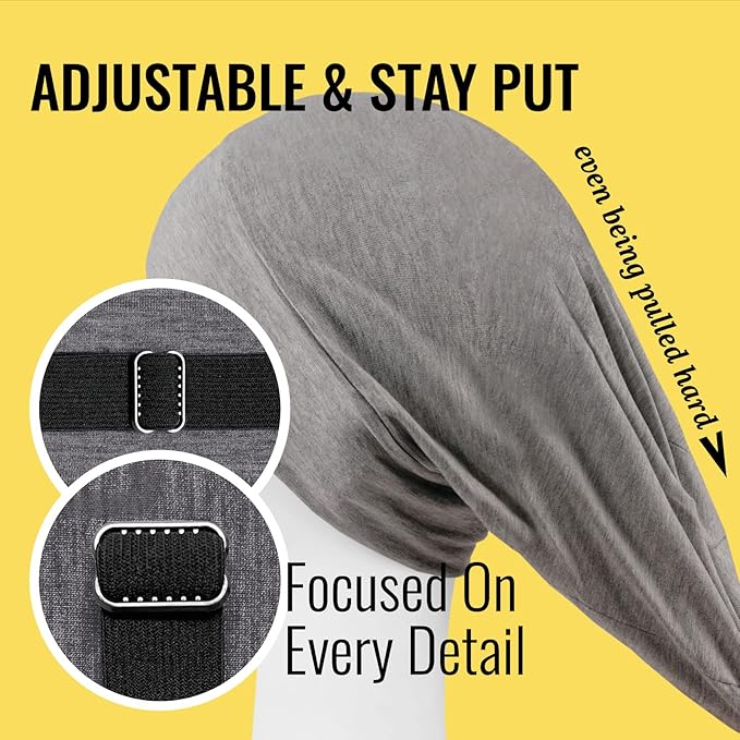 Satin Lined Sleep Cap Bonnet for Curly Hair and Braids, Stay On All Night Hair Wrap with Adjustable Strap for Women and Men, Black and Grey, Pack of 2