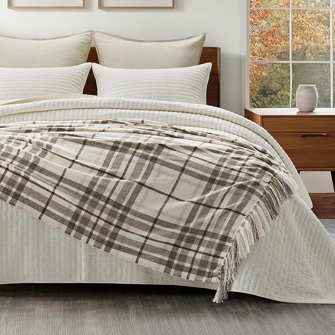EVERGRACE Plaid Chenille Throw Blanket for Couch, Super Soft Cozy Decorative Farmhouse Plaid Throw with Tassels, Lightweight Chenille Knit Throw for Bed Sofa Gift Home Decor, Beige 50”x60”