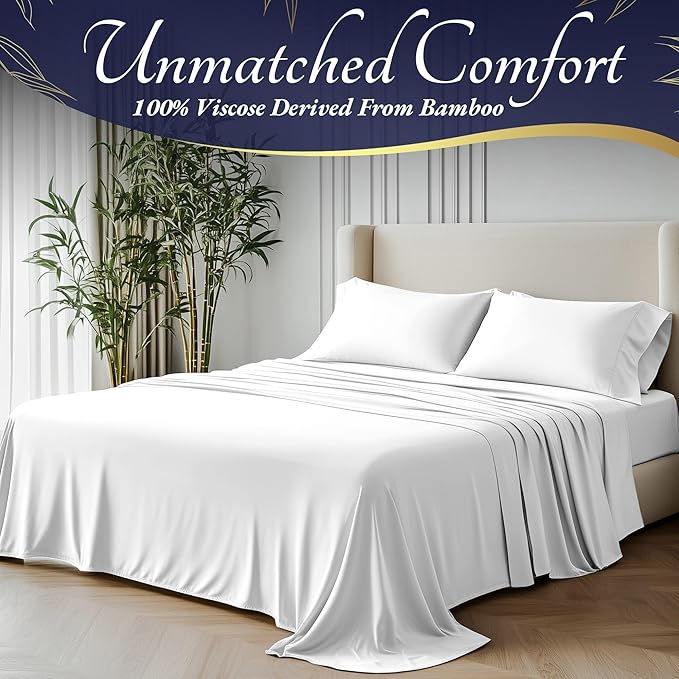 DECOLURE 100% Viscose Derived from Bamboo Sheets Full Size 4pcs - Ultra Soft & Luxuriously Cooling, 17" Deep Pocket, Double Stitching, Perfect for Hot Sleepers - Full Bed Sheets (White)