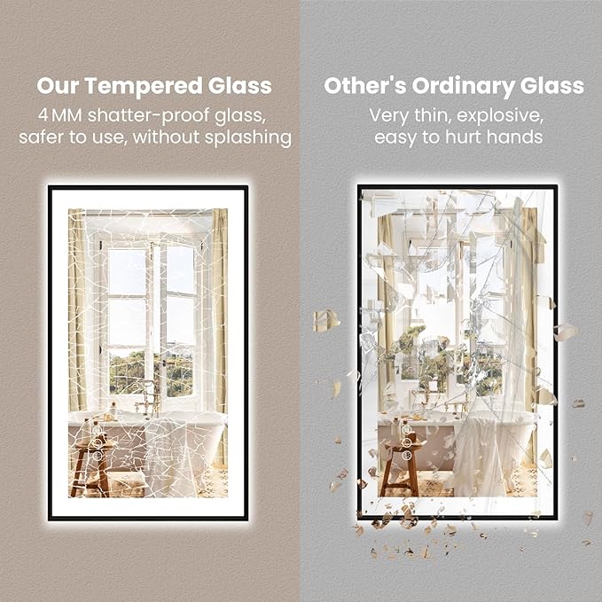Amorho 60" X36" LED Bathroom Mirror with Black Frame, Front Light and Backlit(Controlled Separately), Stepless Dimmable, Anti-Fog, Shatter-Proof, 3 Colors, Memory