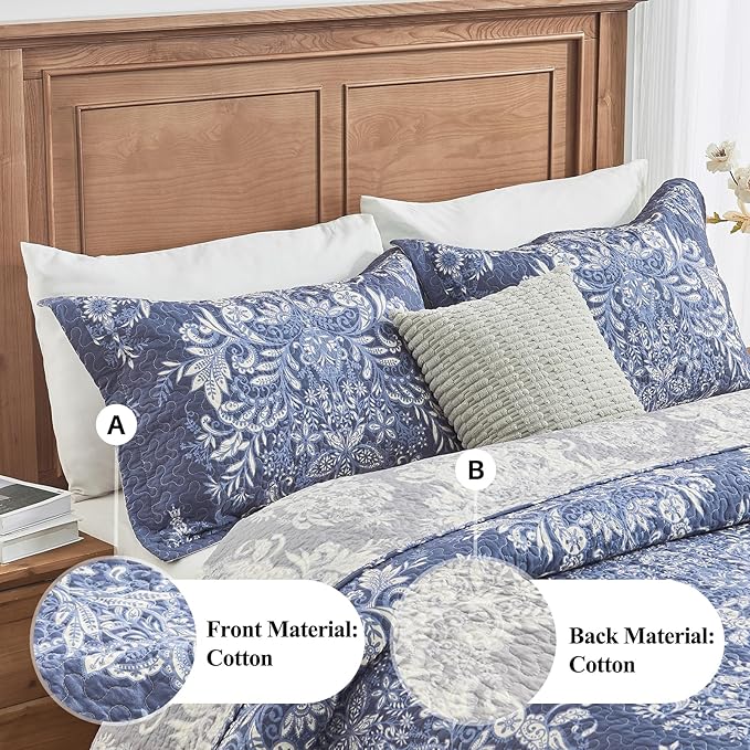 100% Cotton Quilt Set Queen Size - Damask Pattern Quilted Comforter, Vintage Reversible Queen Quilt Bedspread, Lightweight Bedding for Queen Bed, 3pcs, Blue